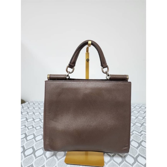 Authentic Dolce and Gabbana Grained Leather Sicily East West Top Handle Bag Brow